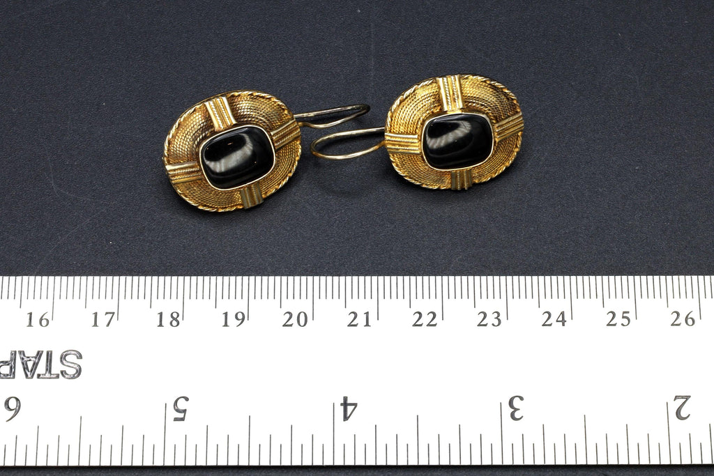 Art Deco Wire Drop Earrings, Gold Gilt Silver And Black Onyx Earrings, Vermeil Over Sterling, Jewelry In The Victorian Era Style Fashion