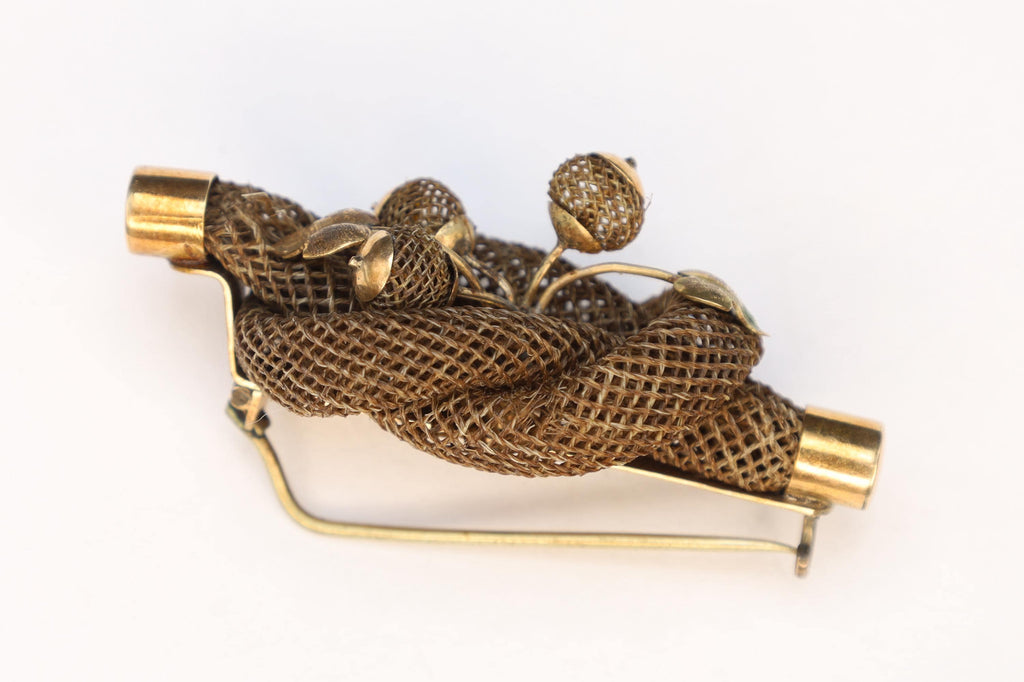 Victorian Era 1880s Jewelry 9 Karats Gold Brooch, Braided Infinite Interlocking Symbol, Memento Mori Pin, England UK, Fashion Accessories