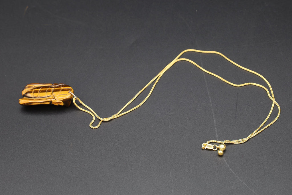 Cicada Pendant Necklace, A Carved Tigers Eye Gemstone With A Gold Vermeil Lariat Chain, Asian Oriental Jewelry, Immortality, Rebirth Symbols
