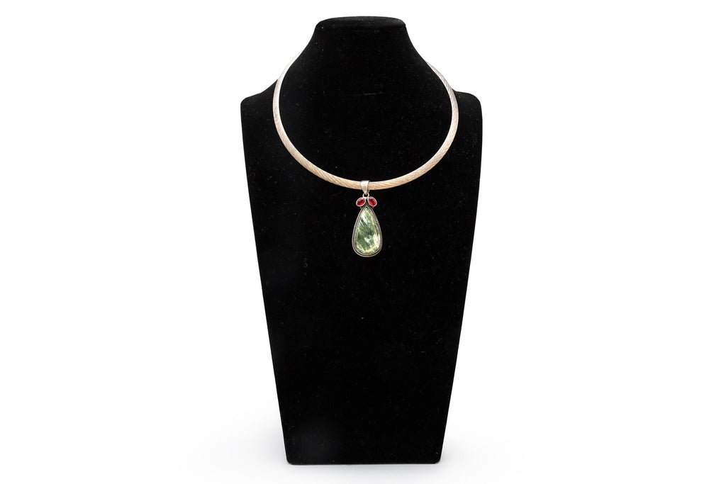 Avant Garde Pendant Necklace, Post Modern Design, 925 Sterling Silver, Red Garnet And Green Serpentine, Vintage 1990s Fashion Accessories