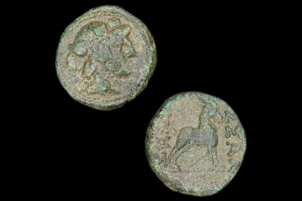 Greek Macedon, Thessalonica, Circa 187 BCE, Bronze Coin Dichalkon, Wreathed Head Of Dionysos And Goat, Ancient Collectibles Numismatics