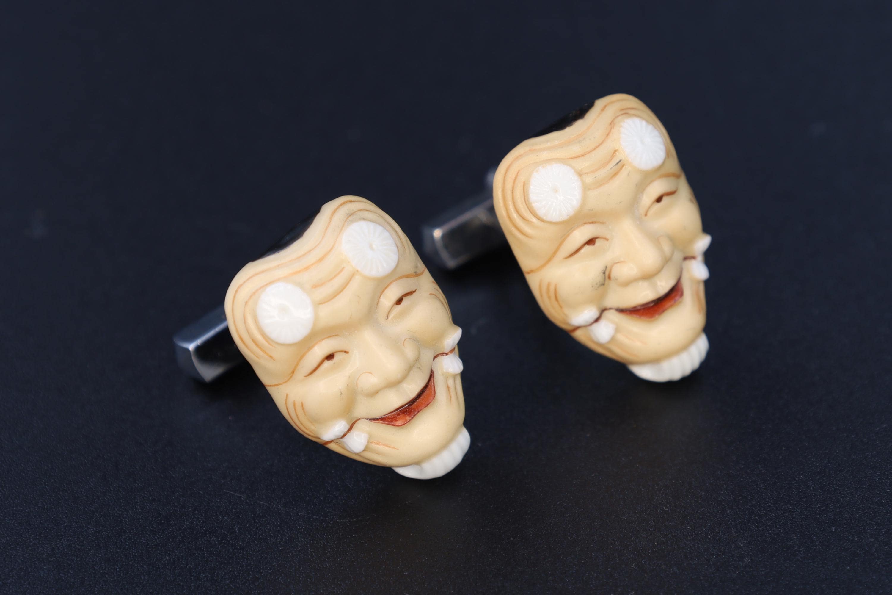 Toshikane Cufflinks, Molded And Painted Porcelain, Okina Noh Theatre From Japan Hakushiki-jo Mask, Happy Old White Man, Fashion Accessories