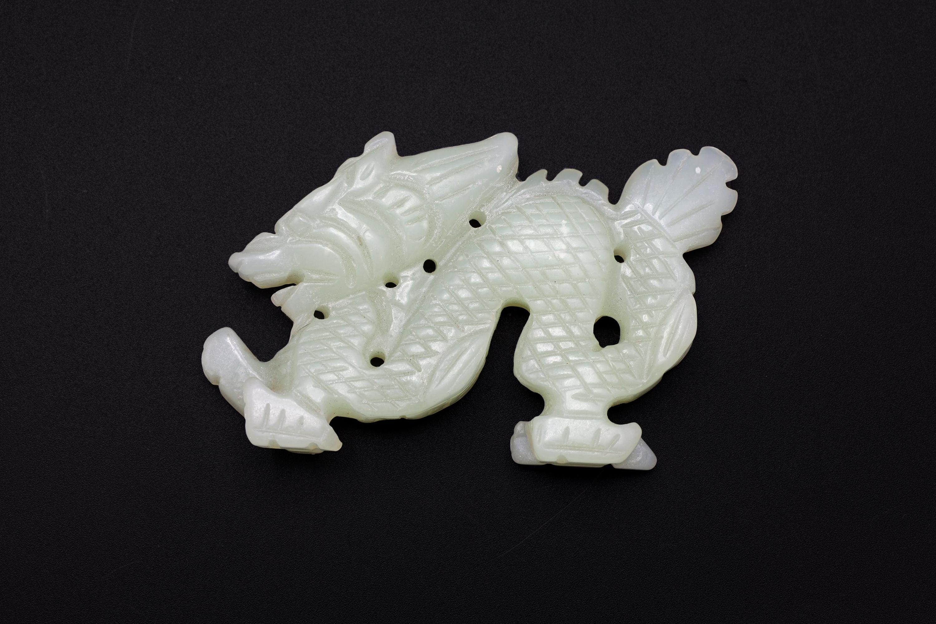 Chinese Dragon Figure Amulet, Carved Stone Mythological Animals, Two Sided Amulet With Celestial Dragon, Feng Shui, Oriental Asian Decor