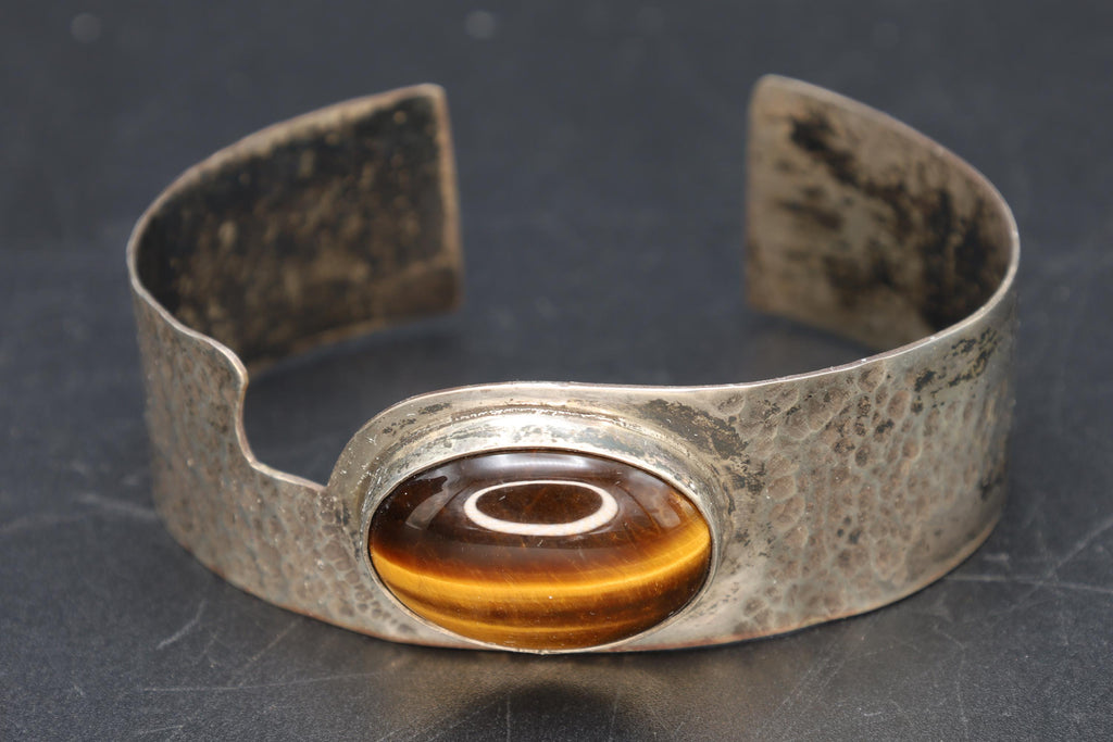 Brutalist Cuff Bracelet, 925 Sterling Silver And Oval Tigers Eye Cabochon, Modernist Design, Hammered Metal Bangle, Fashion Accessories