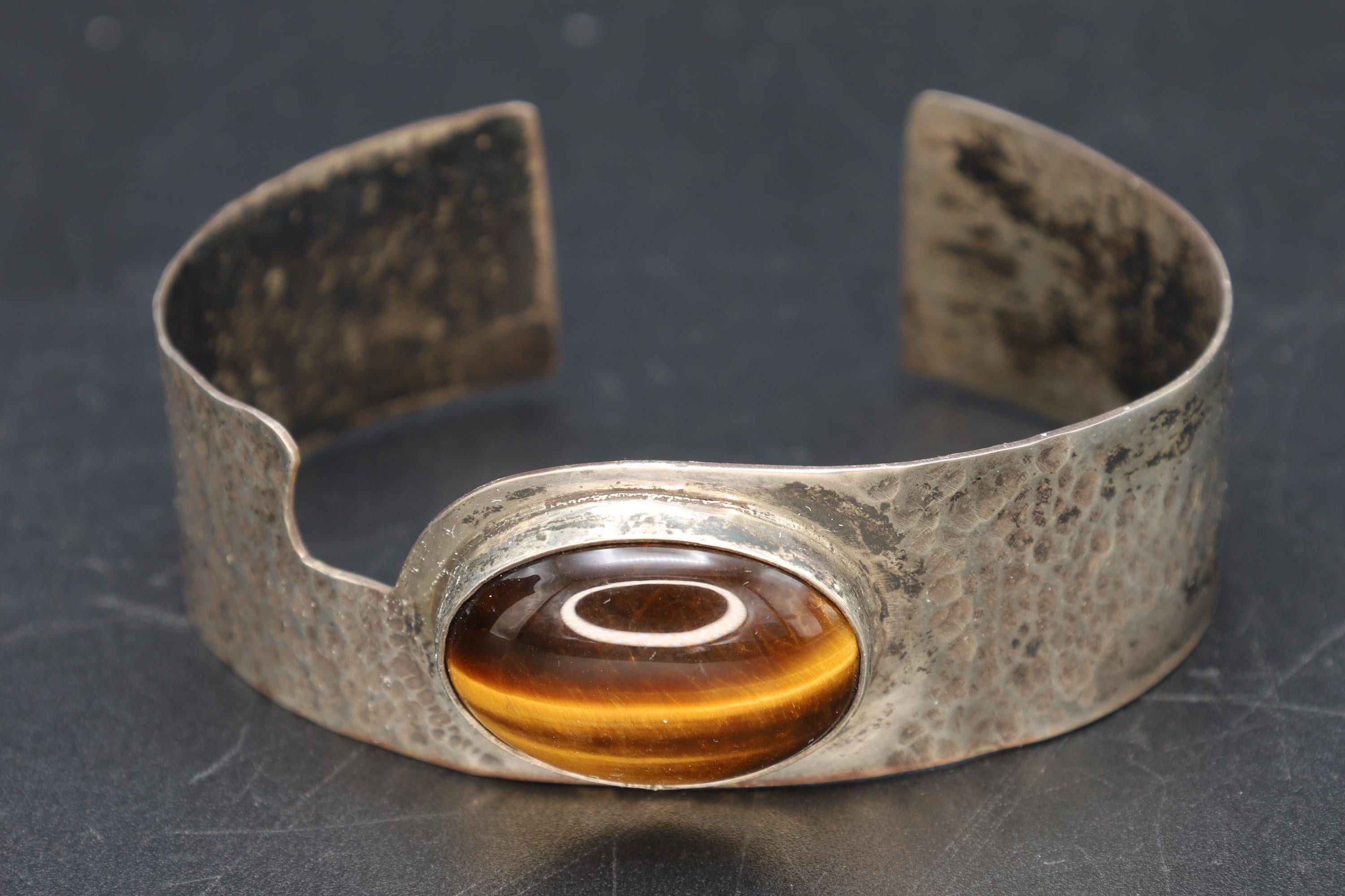 Brutalist Cuff Bracelet, 925 Sterling Silver And Oval Tigers Eye Cabochon, Modernist Design, Hammered Metal Bangle, Fashion Accessories