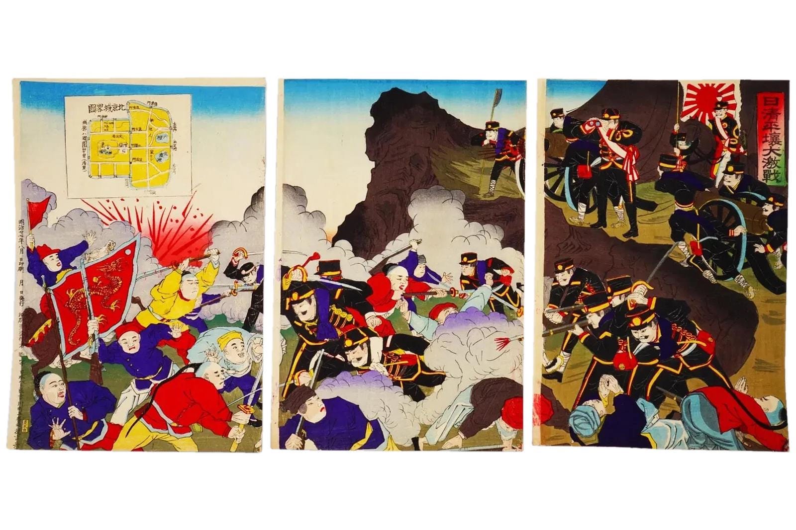 Ukiyoe, Original 1894 Imperial Meiji Era Senso-e Military Woodblock Triptych Prints, Asian Oriental Art, The First Sino And Japanese War