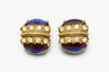 Vintage 1970s Florenza Jewelry, Rare Model, Clip On Earrings With Iridiscente Glass And Clear Rhinestone Accents On Gold Tone Base