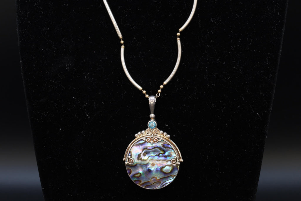 Vintage 1990s Sajen Jewelry, Paua Shell Abalone And Topaz On Sterling Silver Settings, Bar And Ball Chain Necklace, Fashion Accessories