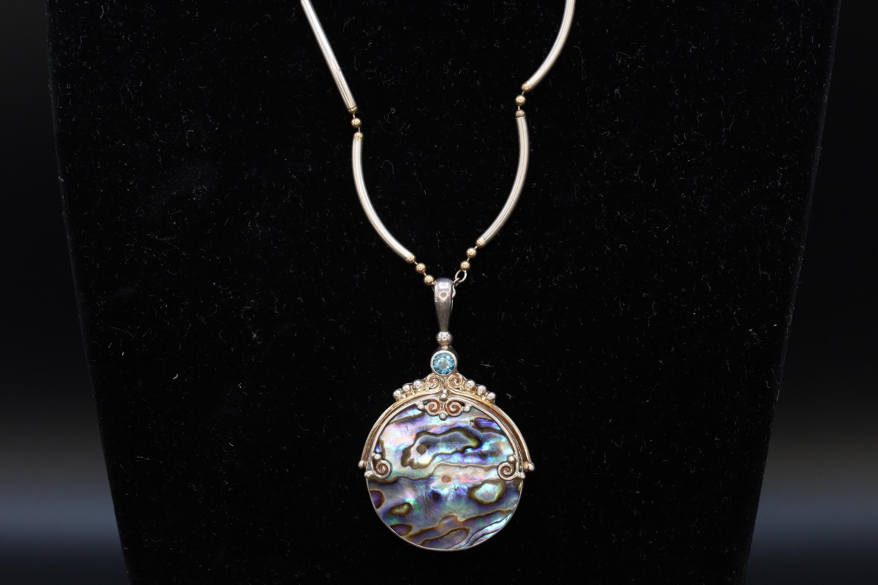 Vintage 1990s Sajen Jewelry, Paua Shell Abalone And Topaz On Sterling Silver Settings, Bar And Ball Chain Necklace, Fashion Accessories