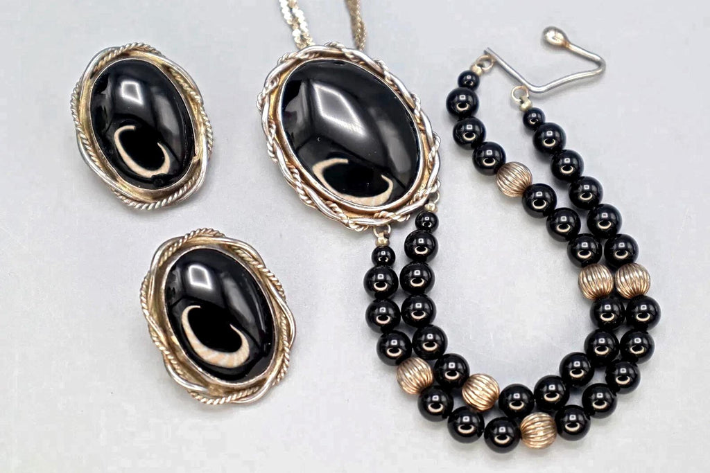 Southwestern Americana Sterling And Onyx Jewelry Set by Regina 1980s Vintage Fashion Accessories, Hand Signed
