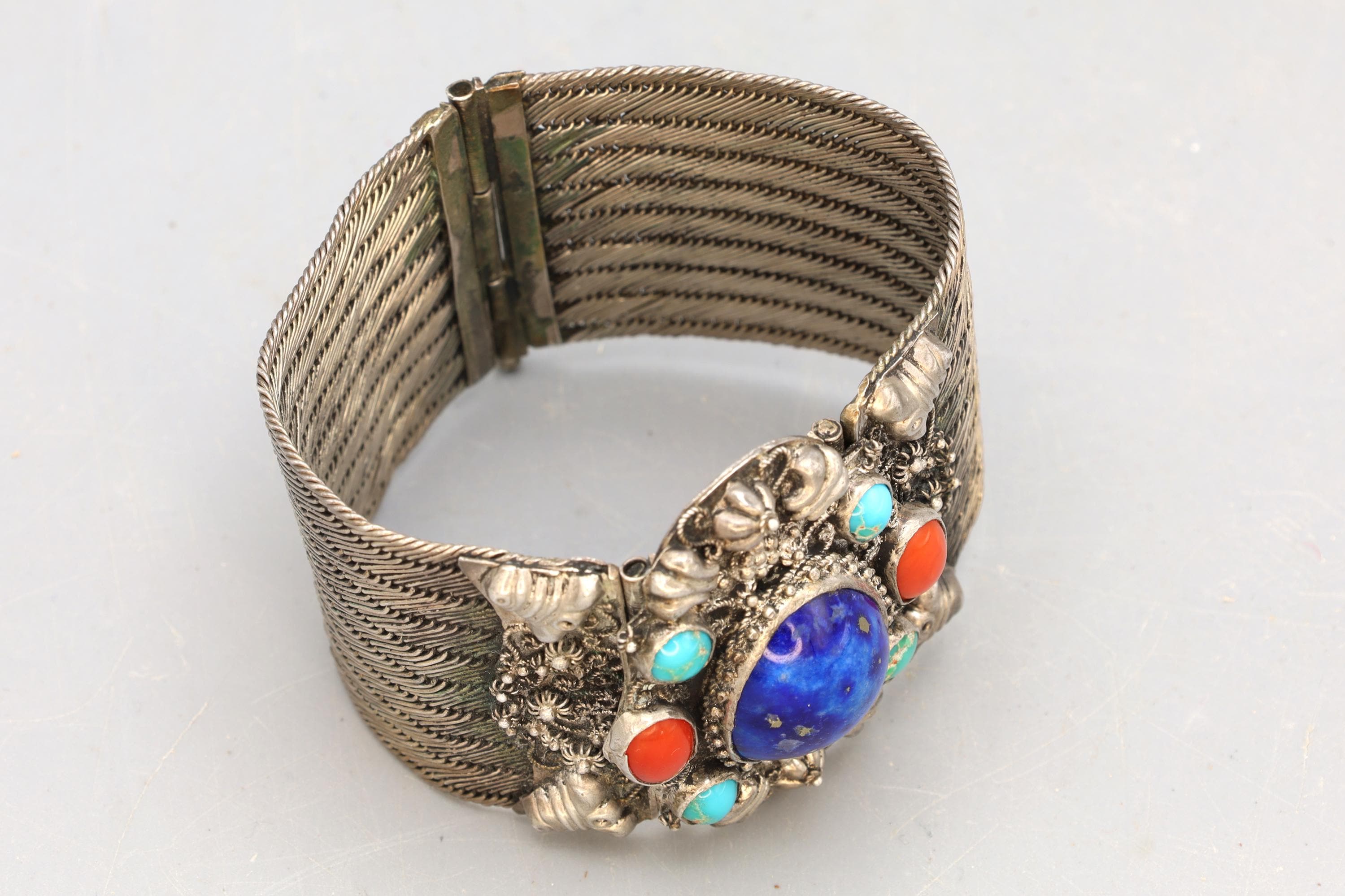 Vintage 1980s Southwestern Americana Jewelry, Wide Sterling Mesh And Gemstones Bracelet