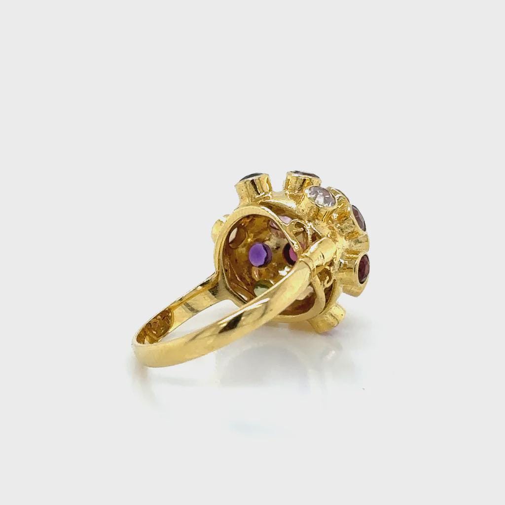 Sputnik Statement Ring For Woman, 18 Karat Yellow Gold Ring Size 6.25 With Multiple Gemstones And Avant Garde Design, Weight 5.9 Grams