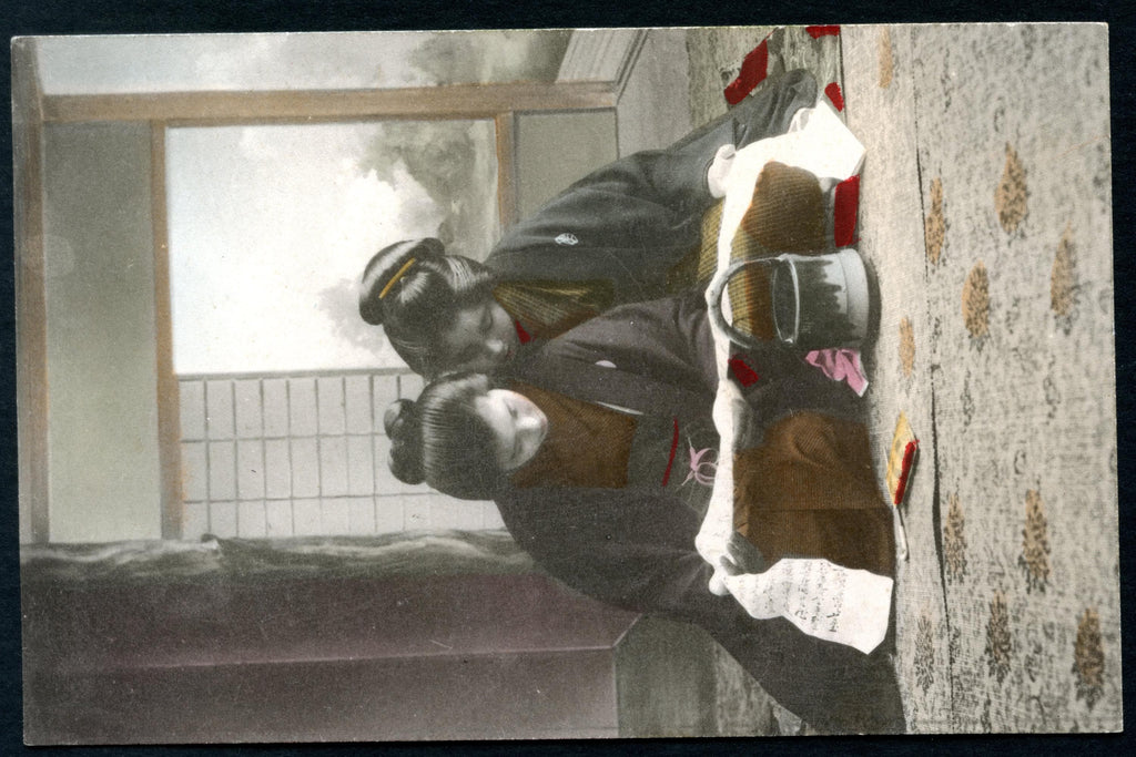 Uncirculated Postcard From Japan, Early 20th Century Hand Colored Postal Memorabilia, OkikuSan And AyameSan Reading, Late Meiji