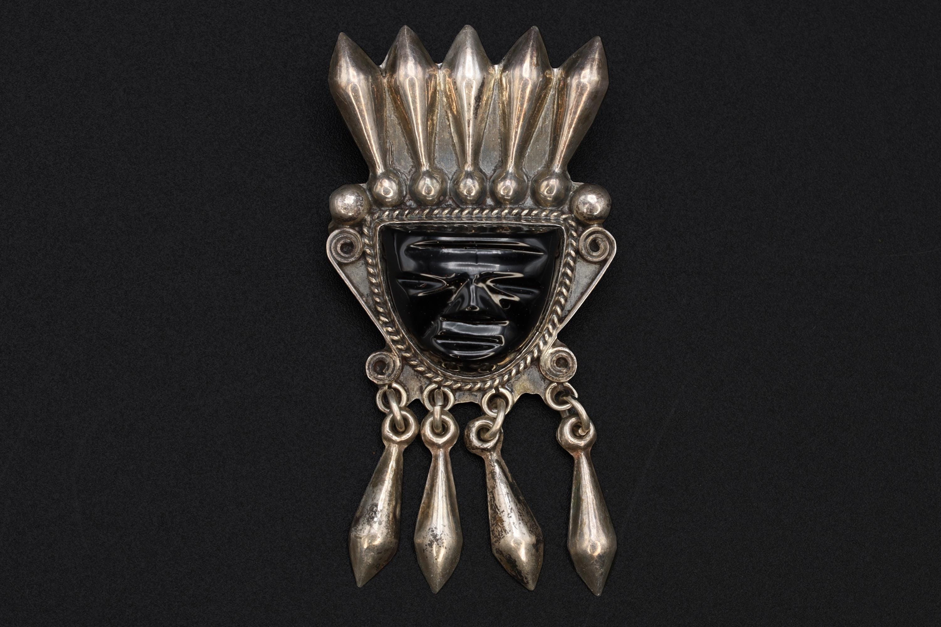 Art Deco Jewelry From Mexico, Mid Century Brooch Pin With Dangles, On Neo Aztec Design, Sterling Silver And Black Onyx, Retro Ethnic Fashion