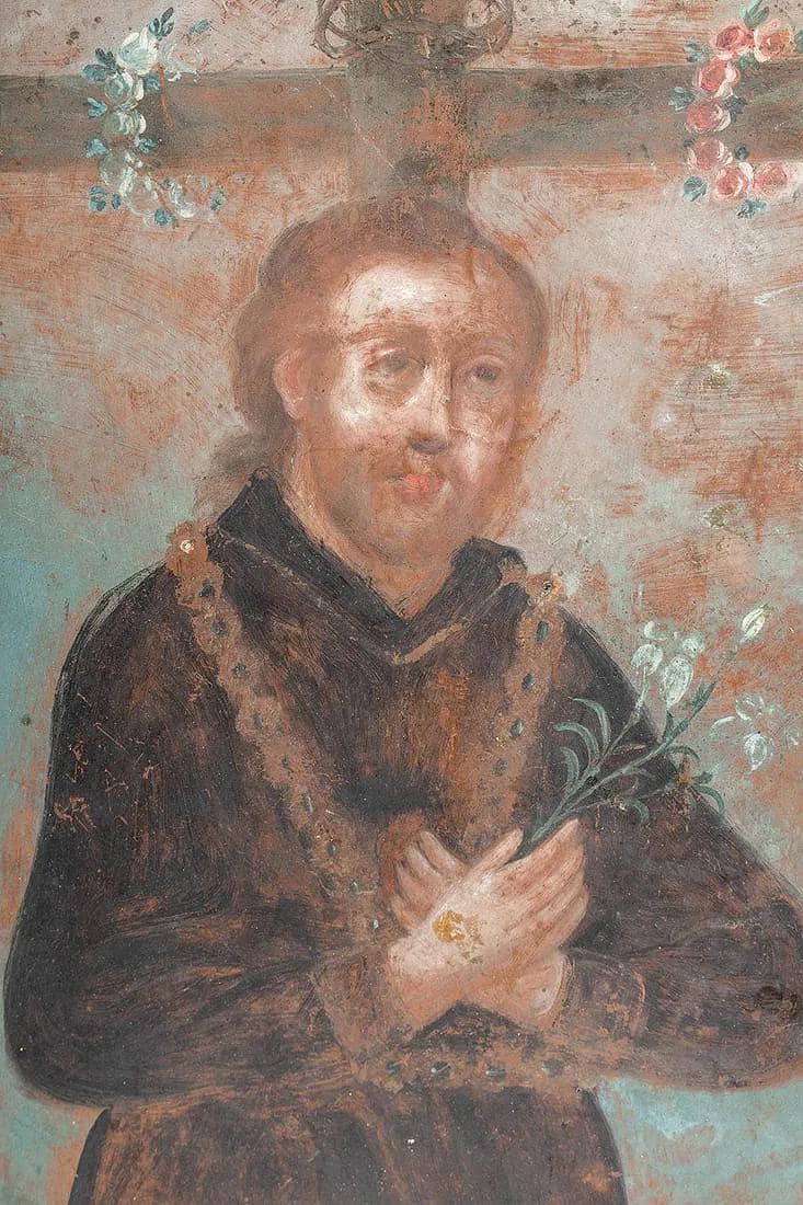 Late 19th Century Catholic Icon Of Saint Cajetan, Mexico Votive Religious Art Painting On Metal, San Cayetano With Cross, Folk Ex Voto