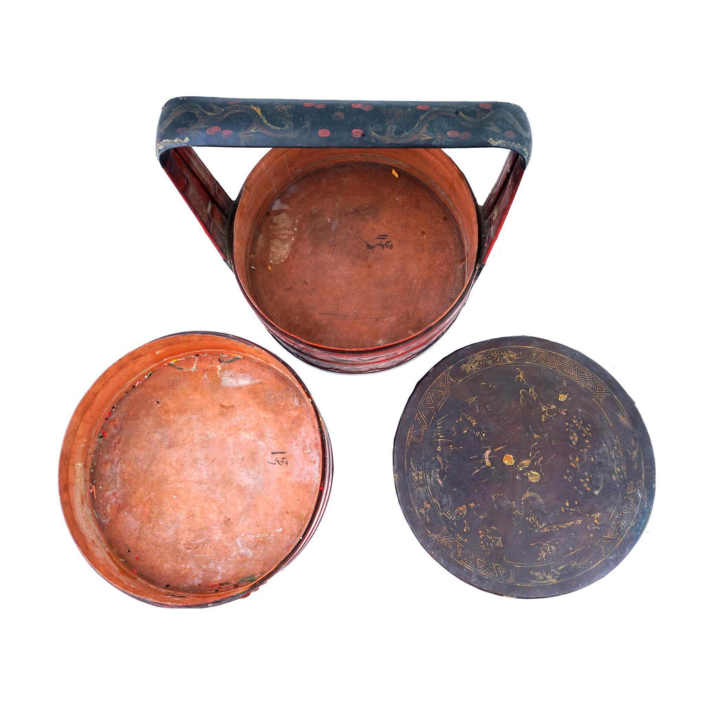 Antique Late 1800s Qing Dynasty Chinese Rice Bucket, Wooden Picnic Red Basket, Wedding Gifts, Hamper With Top Lid, Dry Food Nuts Container