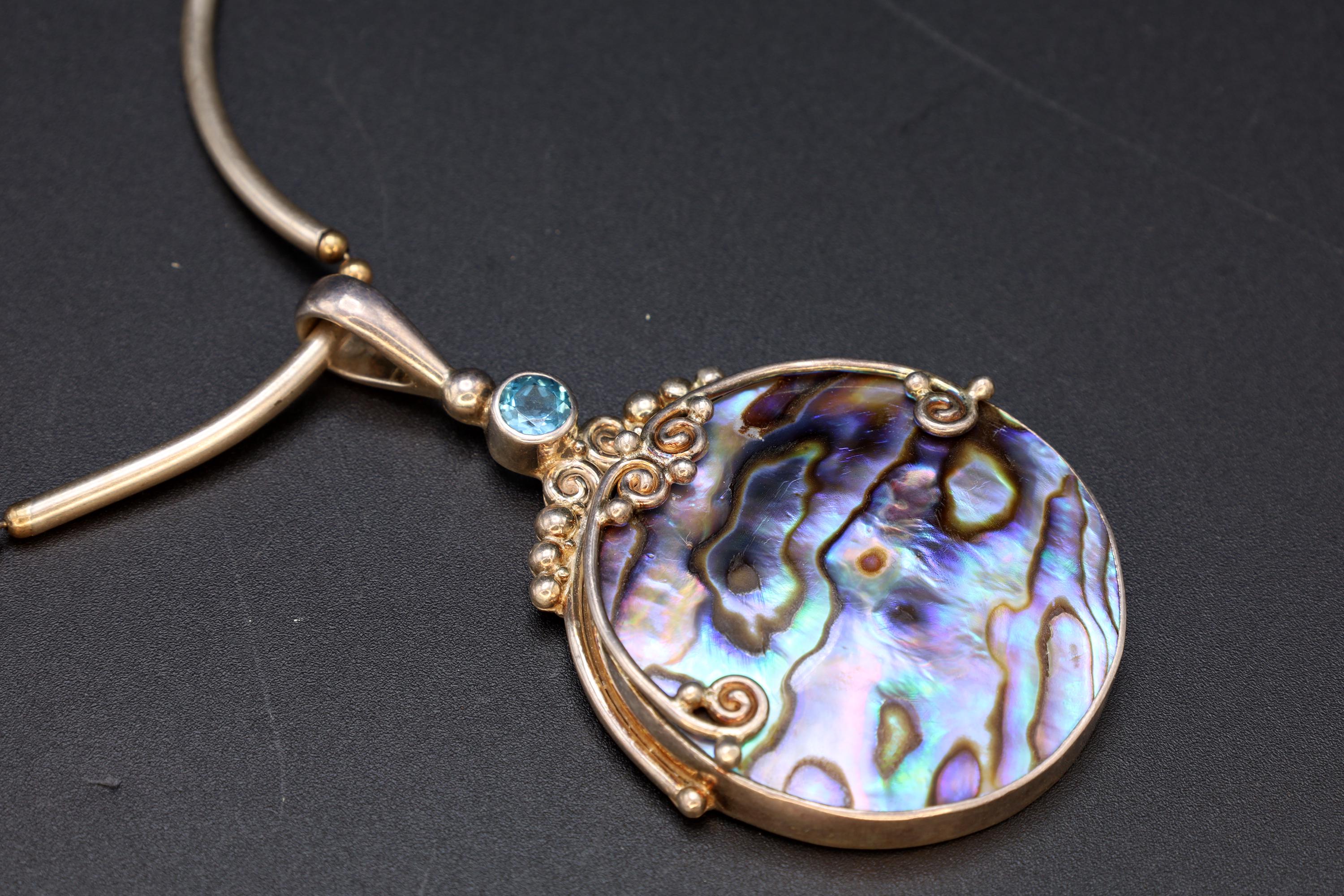 Vintage 1990s Sajen Jewelry, Paua Shell Abalone And Topaz On Sterling Silver Settings, Bar And Ball Chain Necklace, Fashion Accessories