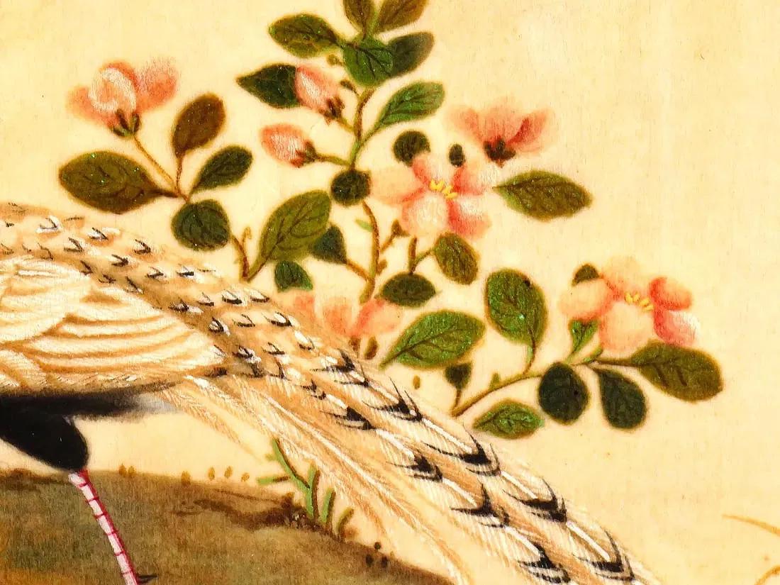 Antique 19th Century Imperial China Qing Dynasty Artwork, Pheasant Birds In A Garden, Painting In Rice Paper, Oriental Art Collectibles