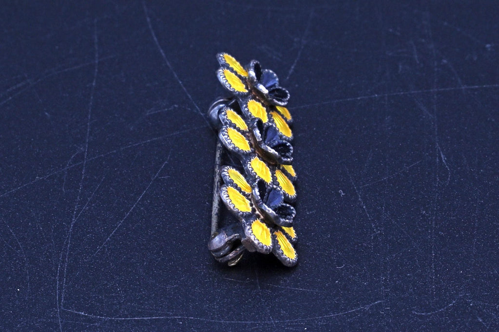 Meka Reklamegaver Brooch, Danish Yellow Enamel Guilloche Floral Bar Pin, Scandinavian Denmark Modernist Jewelry