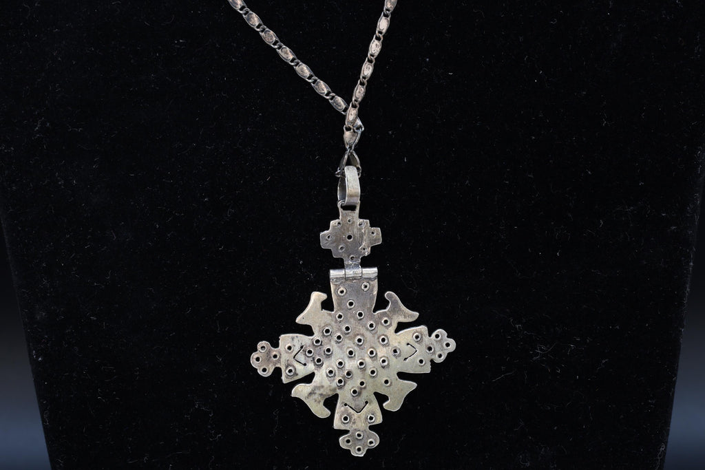Christian Coptic Cross Pendant Necklace, 800 Silver Cross Egypt Hallmarks, Oxidized 925 Sterling Silver Snail Chain, Vintage African Jewelry