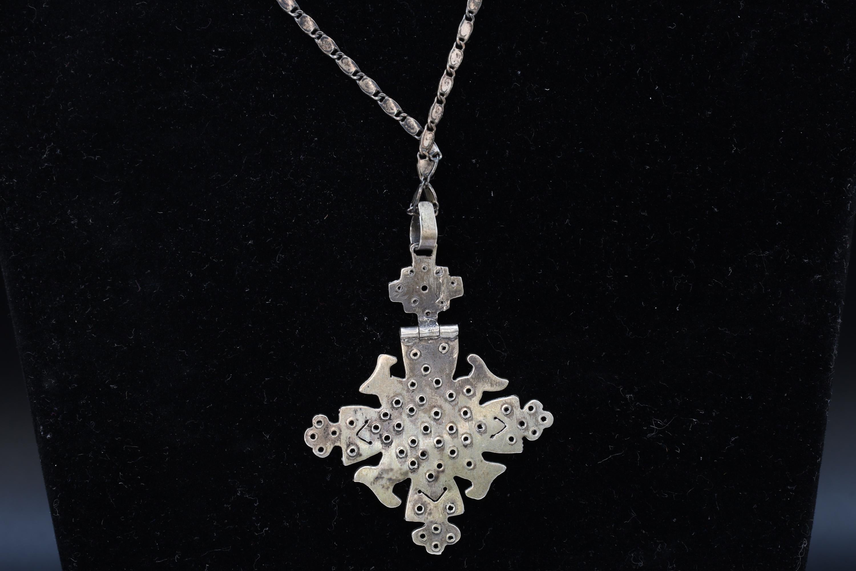 Christian Coptic Cross Pendant Necklace, 800 Silver Cross Egypt Hallmarks, Oxidized 925 Sterling Silver Snail Chain, Vintage African Jewelry
