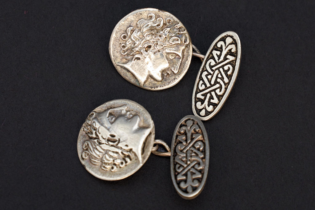 Alexander The Great Of Macedon, Greek Coin Cufflinks, Small Round Coin Cuff Links For Men, Greek 800 Silver Jewelry And Fashion Accessories