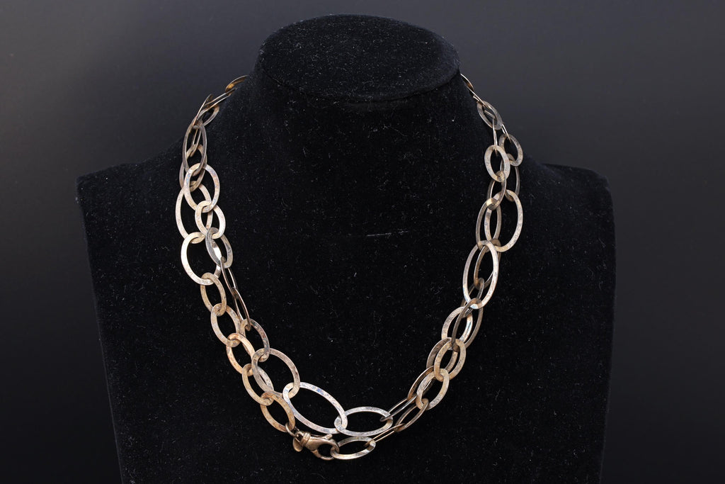 Rare Milor Italy Jewelry, A 950 Sterling Silver Flat Link Chain, XL Large 33 inches Length, Retro Vintage 1990s Fashion Accessories