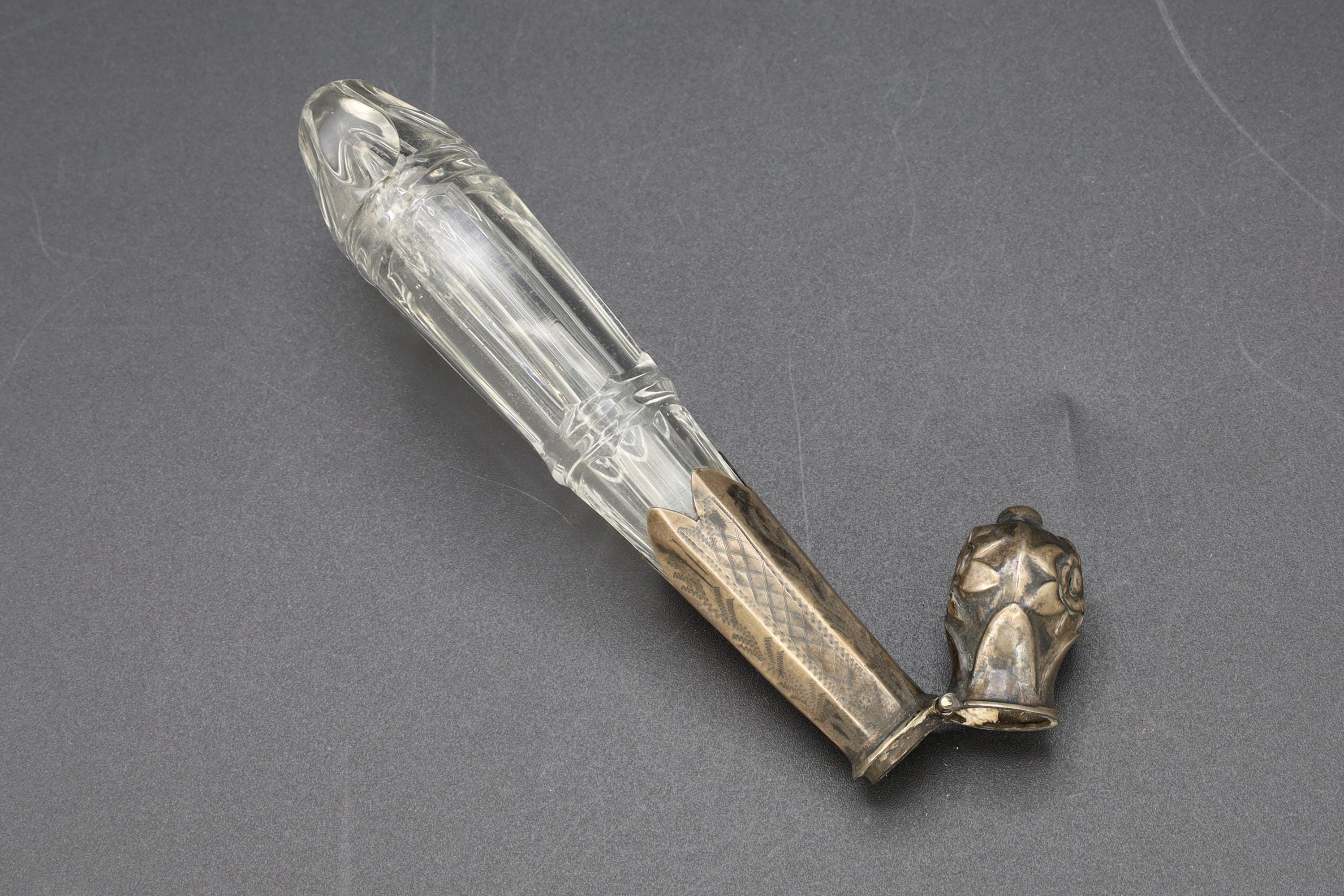 Dutch 19th Century Victorian Lay Down Perfume Bottle, Carved Crystal And Continental 835 Silver, Antique Vanity Collectibles, Netherlands
