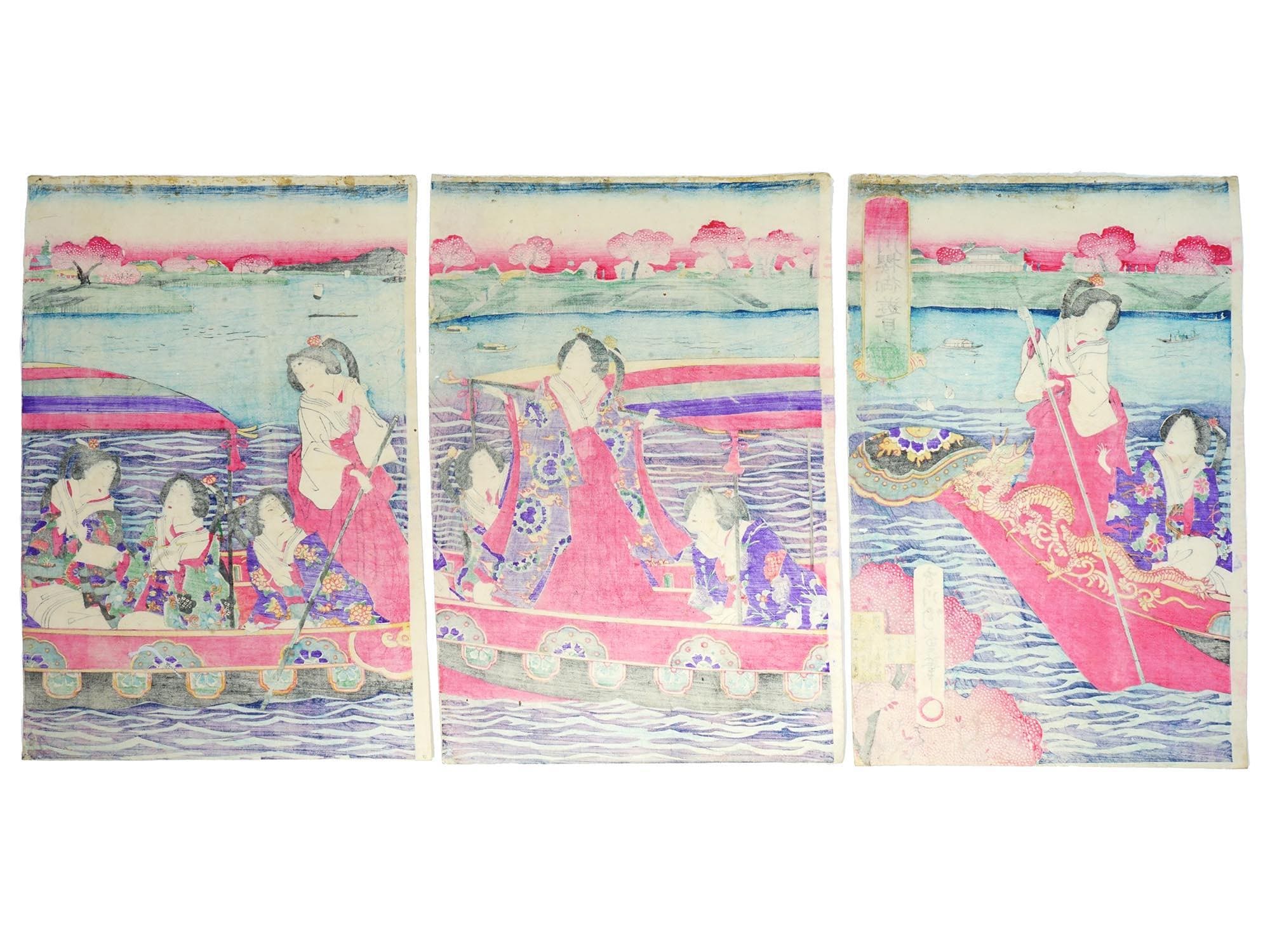 Japan 1879 Meiji Era Woodblock Print By Chikashige Morikawa, Noble Ladies On A Boat And Cherry Blossoms, Triptych Panels Set, Asian Arts
