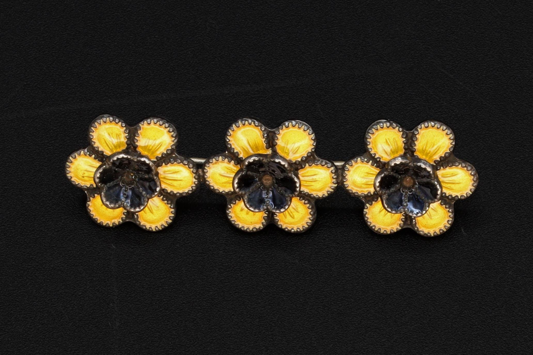 Meka Reklamegaver Brooch, Danish Yellow Enamel Guilloche Floral Bar Pin, Scandinavian Denmark Modernist Jewelry