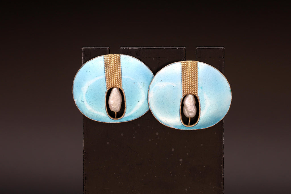 Large stud Earrings, Enamel and water pearls, Gold Gilt Vermeil, Modernist Design, Vintage Fashion Accessories, Gift to her