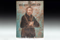 Late 19th Century Catholic Icon Of Saint Cajetan, Mexico Votive Religious Art Painting On Metal, San Cayetano With Cross, Folk Ex Voto