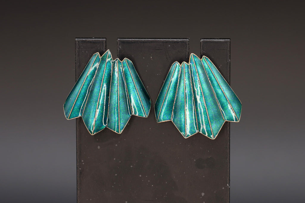 Large Stud Earrings, Green Enamel On Gold Gilt Vermeil Silver, Origami Modernist Design, Vintage Fashion Accessories, Gift to her
