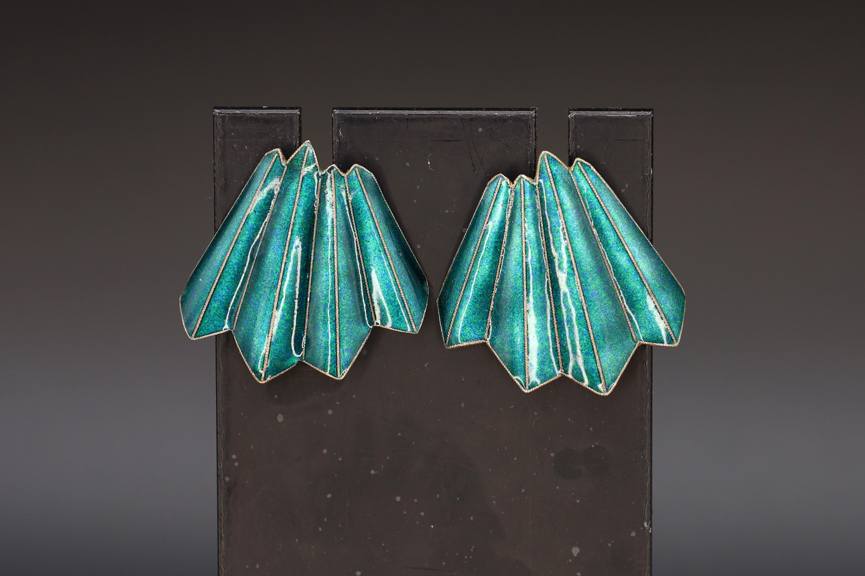 Large Stud Earrings, Green Enamel On Gold Gilt Vermeil Silver, Origami Modernist Design, Vintage Fashion Accessories, Gift to her
