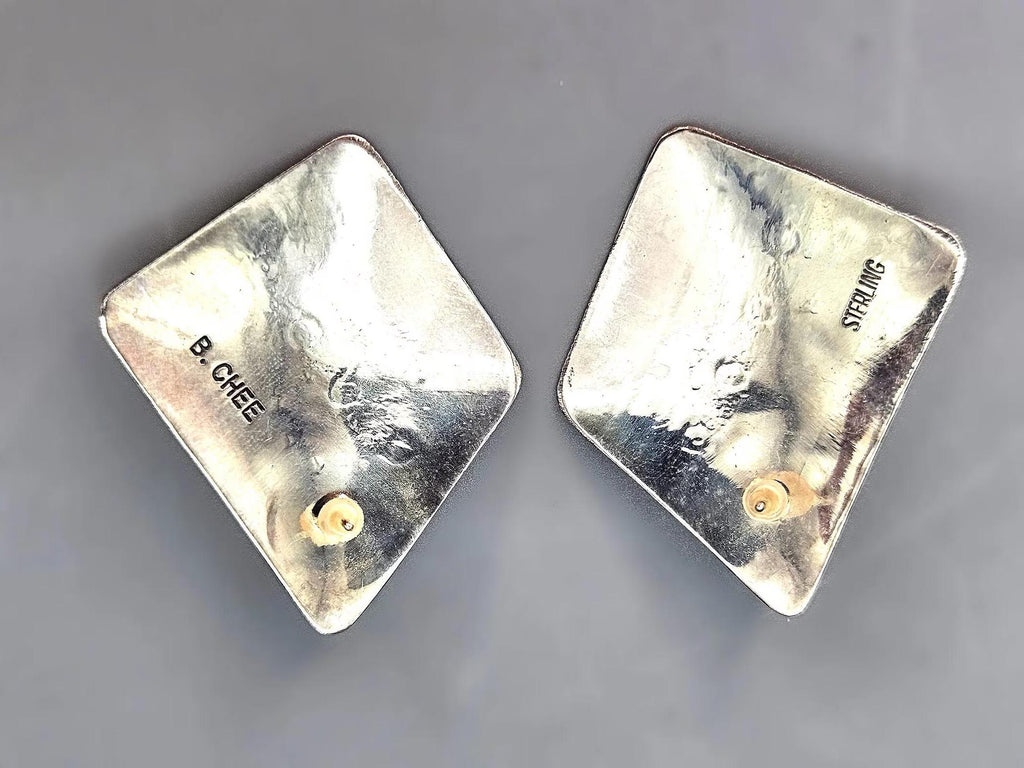 Vintage Navajo Stud Earrings With Stones, Native American Jewelry Art Signed By A Master Silversmith Boyd Chee. Dated Circa 1980s