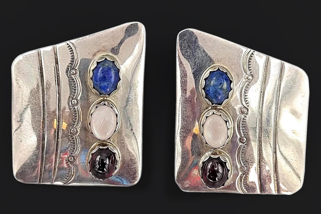 Vintage Navajo Stud Earrings With Stones, Native American Jewelry Art Signed By A Master Silversmith Boyd Chee. Dated Circa 1980s