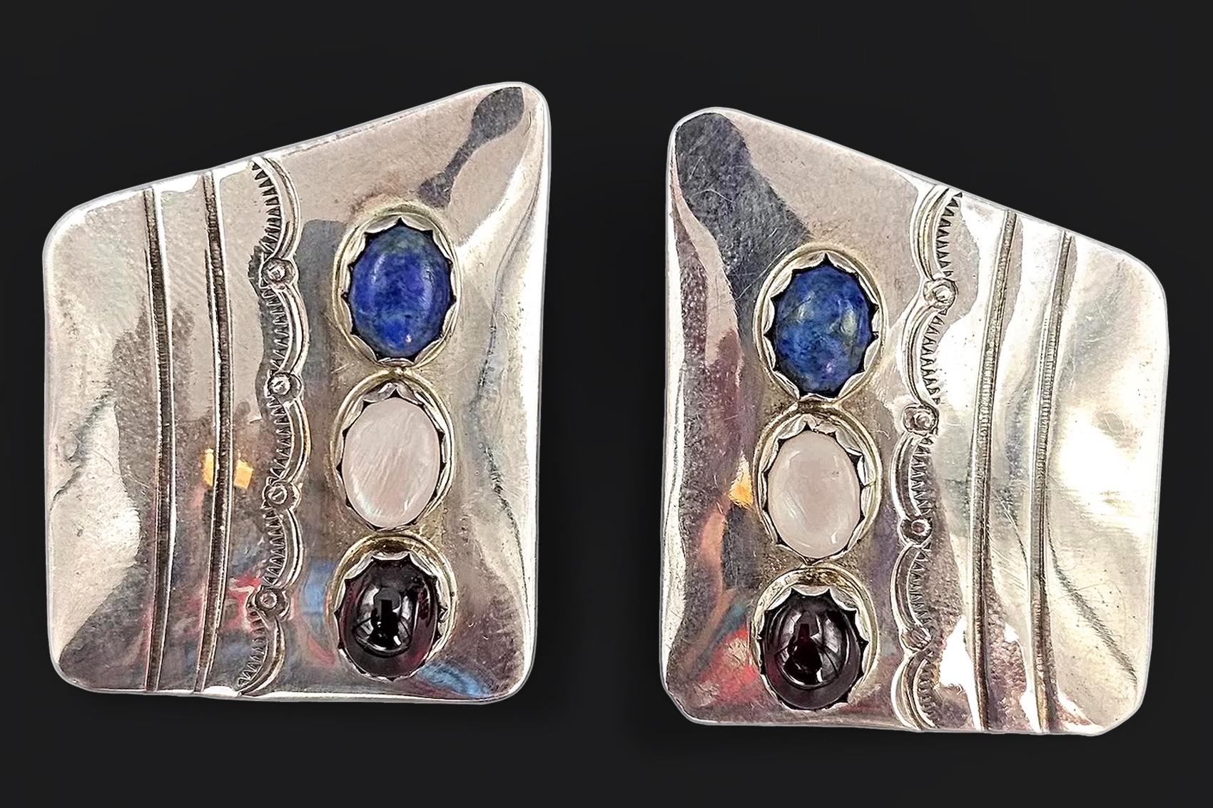 Vintage Navajo Stud Earrings With Stones, Native American Jewelry Art Signed By A Master Silversmith Boyd Chee. Dated Circa 1980s