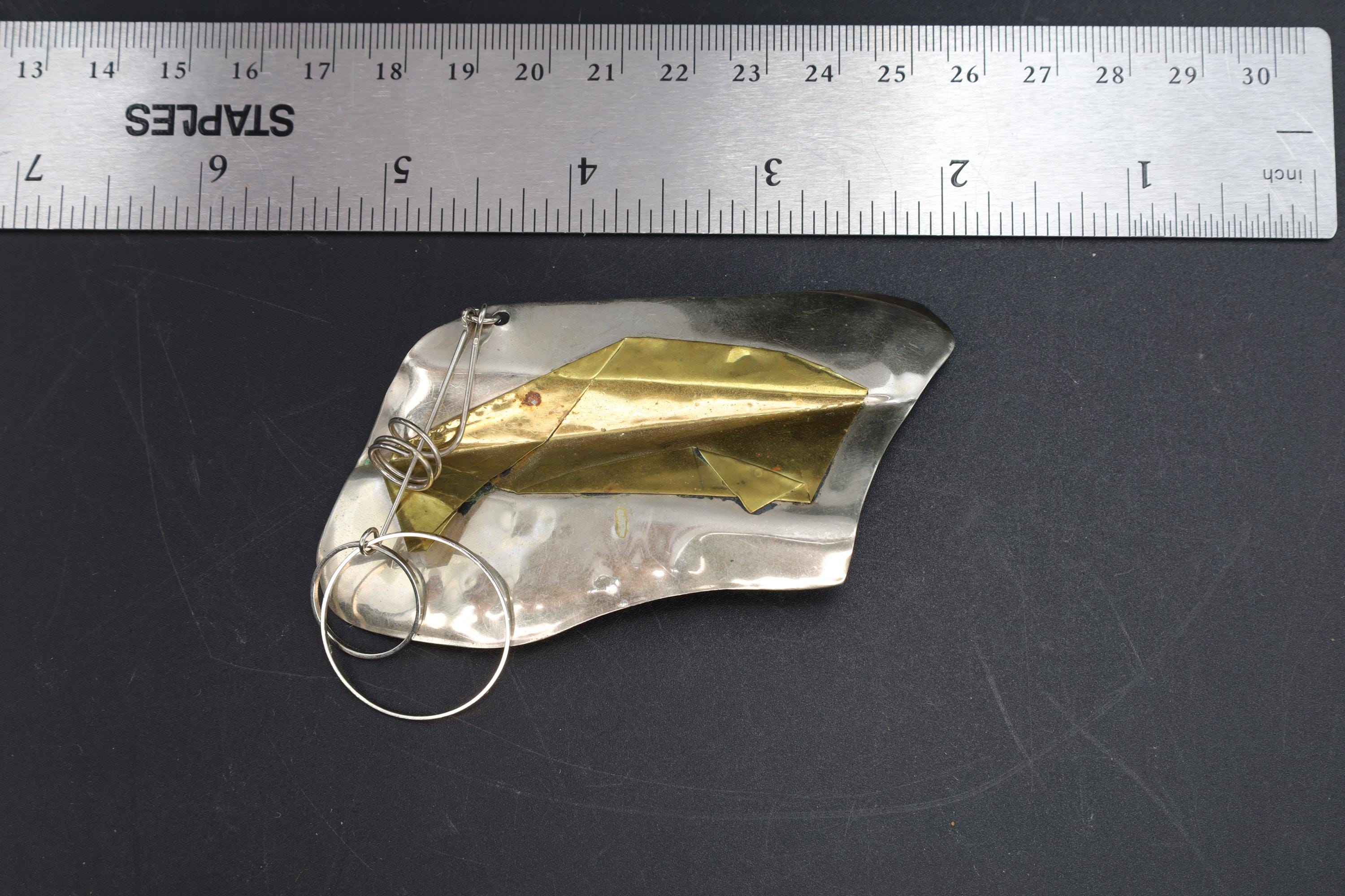 1980s Brutalist Jewelry By Llan & Berry, Hand Signed, A Large Brooch Pin Sterling Silver And Laton Brass, American Artisan From California