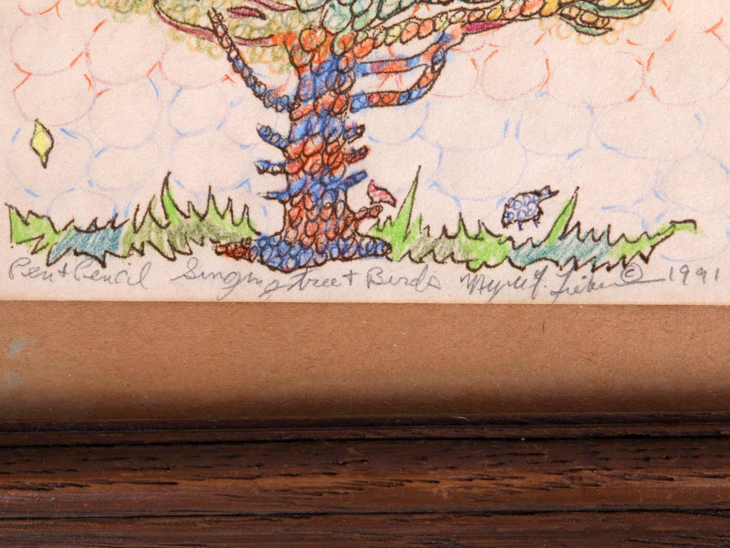 Meyer Frank Lieberman Mixed Media Ink Color Pencil Drawing Painting On Paper, Singing Tree and Birds, 1991 Signed Contemporary Judaica Art