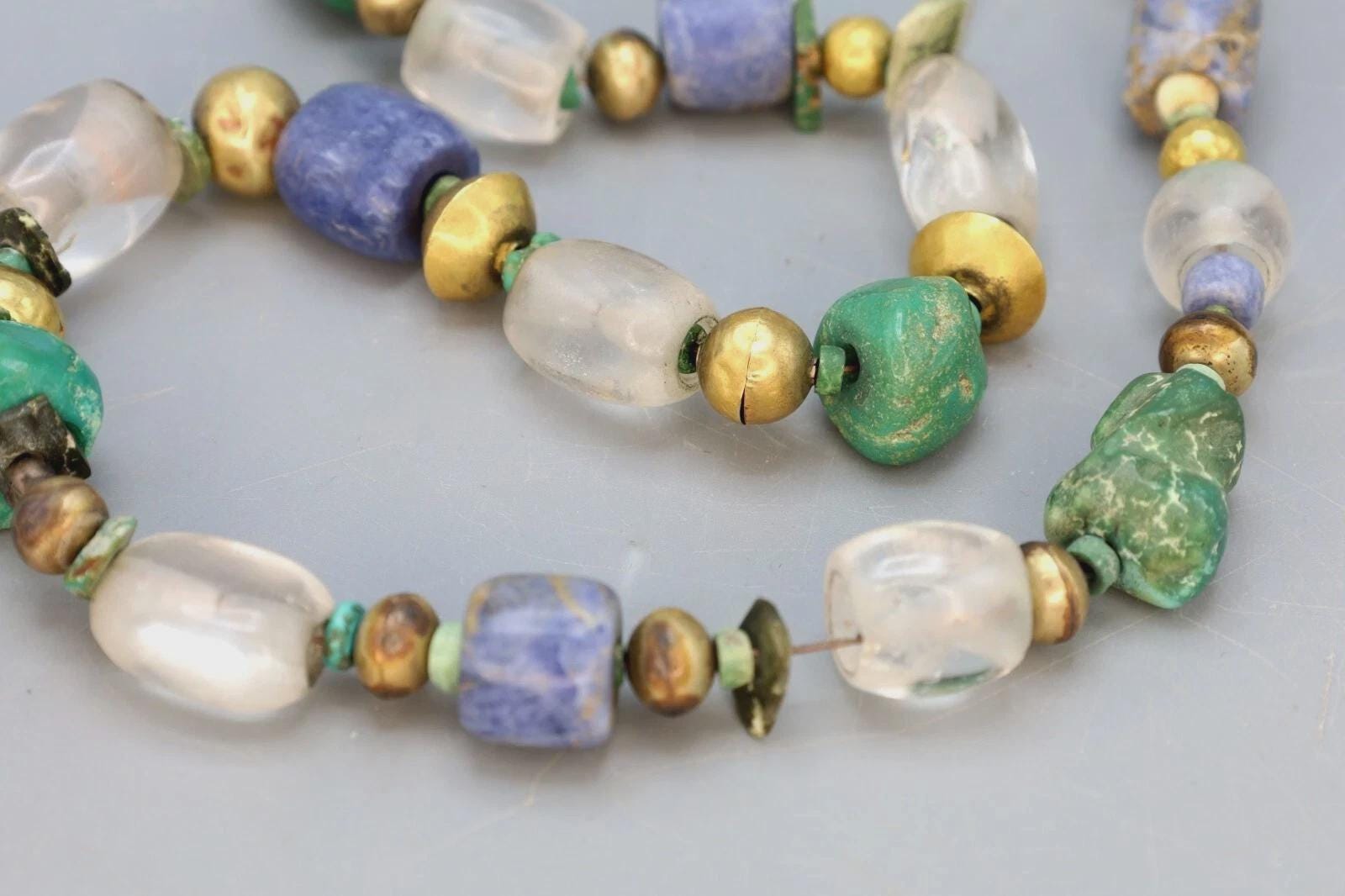 Ancient Pre-Columbian Gemstone Beads Collection, 14th Century AD Inca Aymara Beaded Necklace With Gold Ball Spacers, Antiquities And Jewelry