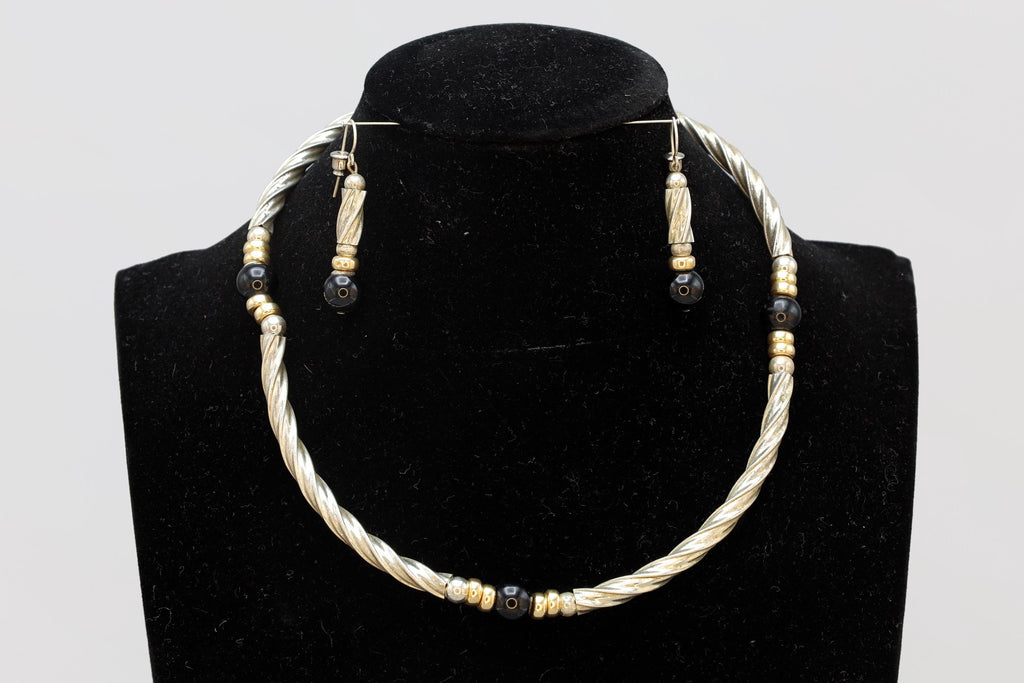 Vintage Jewelry Set, Link Necklace And Dangle Earrings, Sterling Silver, Gold Wash And Jet Black Glass