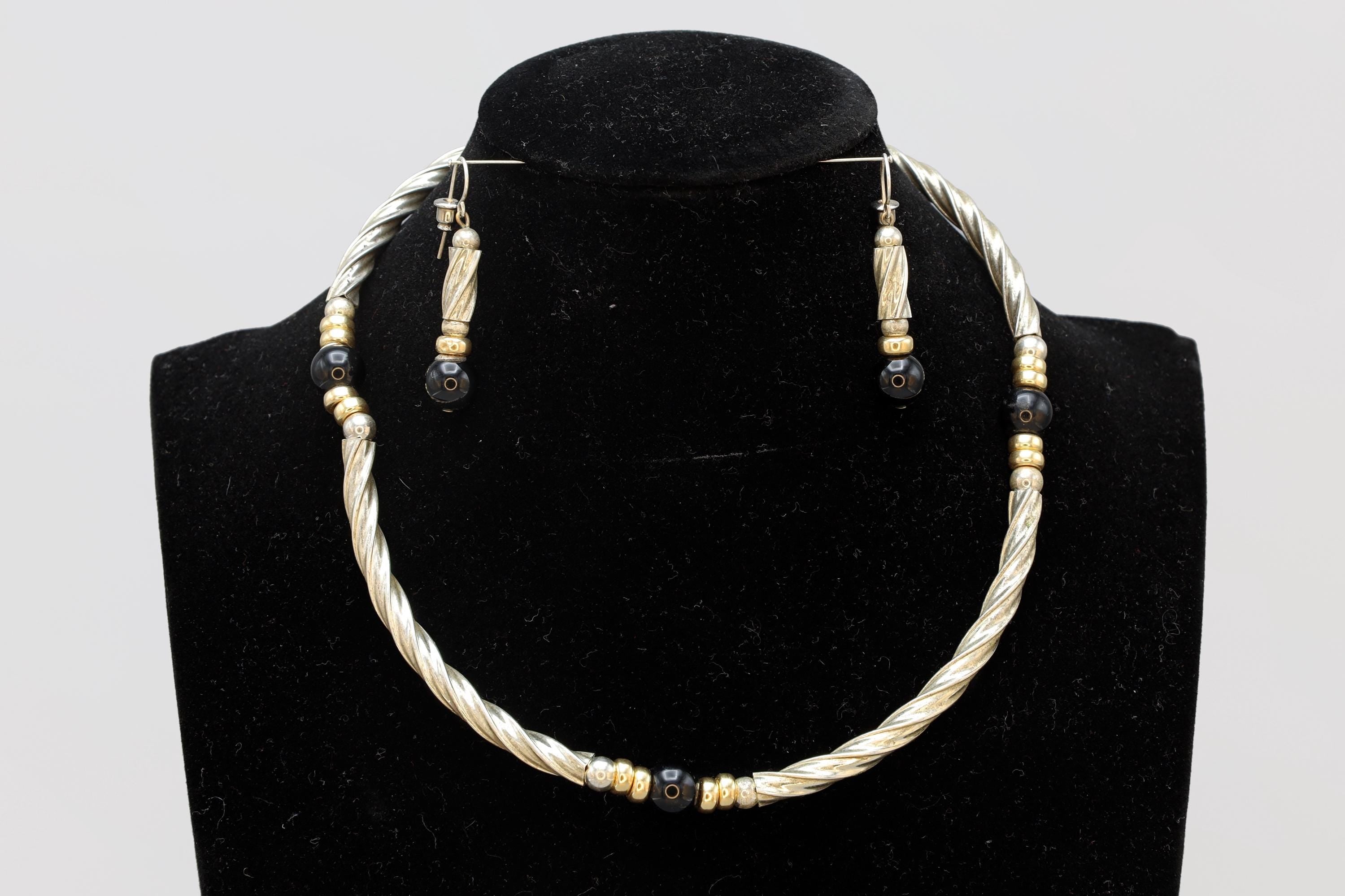 Vintage Jewelry Set, Link Necklace And Dangle Earrings, Sterling Silver, Gold Wash And Jet Black Glass