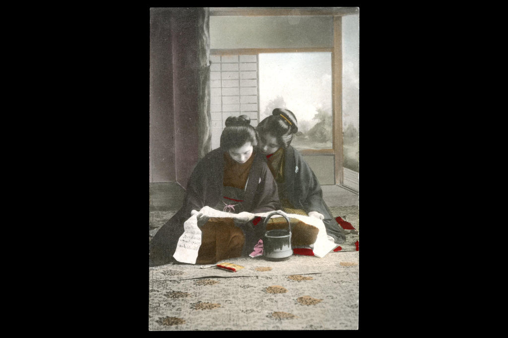 Uncirculated Postcard From Japan, Early 20th Century Hand Colored Postal Memorabilia, OkikuSan And AyameSan Reading, Late Meiji