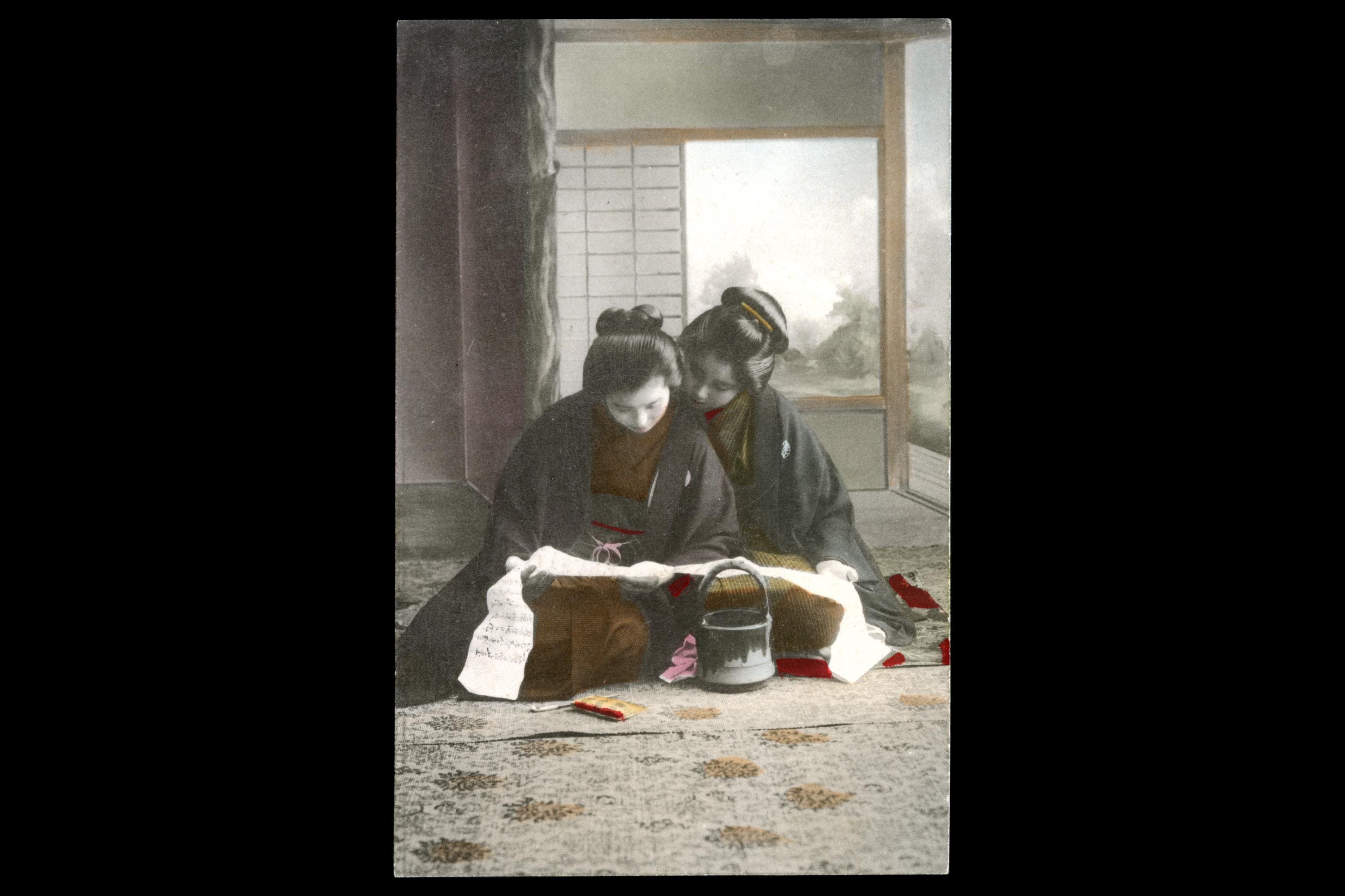 Uncirculated Postcard From Japan, Early 20th Century Hand Colored Postal Memorabilia, OkikuSan And AyameSan Reading, Late Meiji