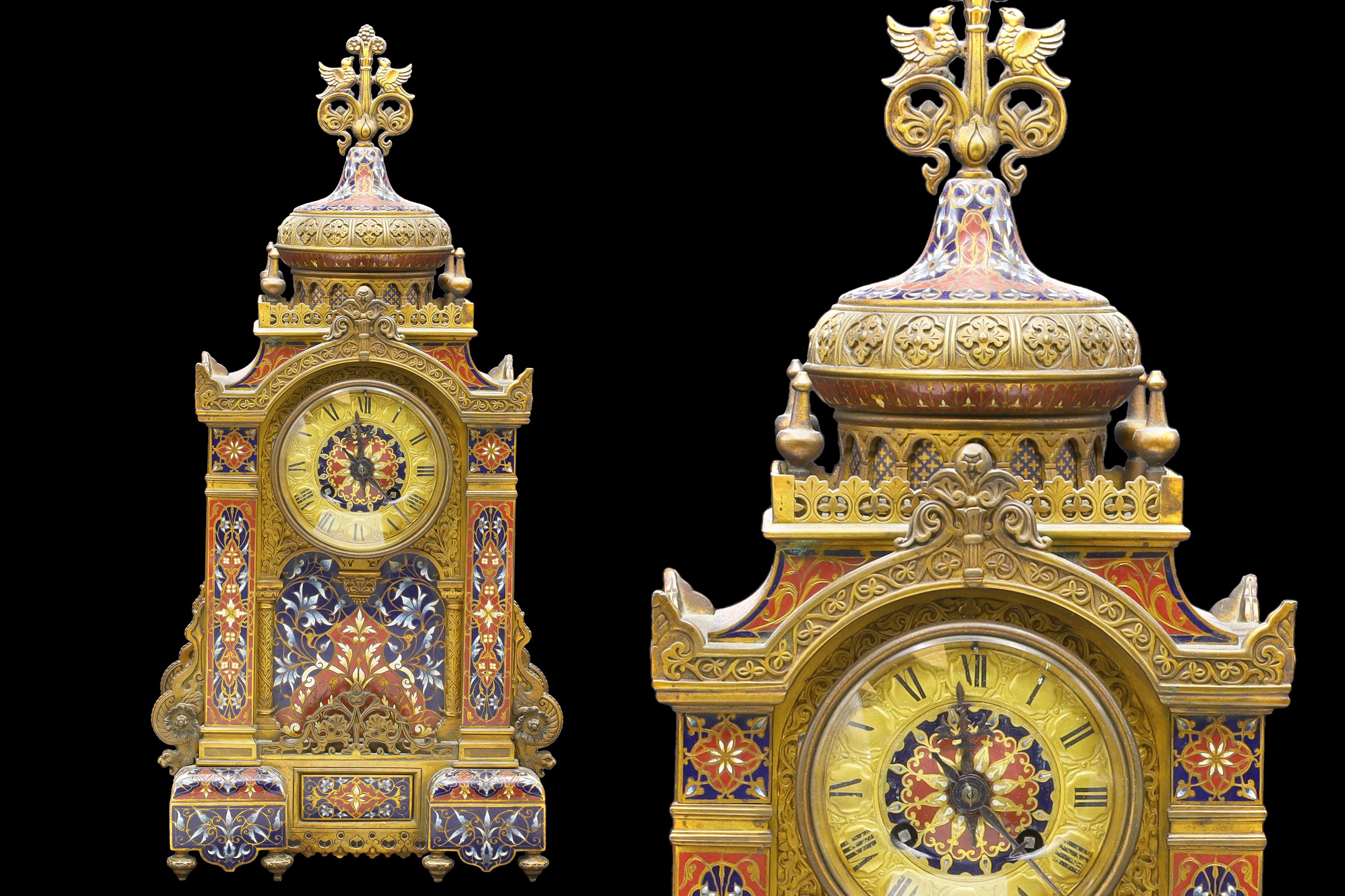 Late 19th Century, Clock And Candelabra Set Morish Style Retailed By Tiffany's In France, Art Nouveau Set