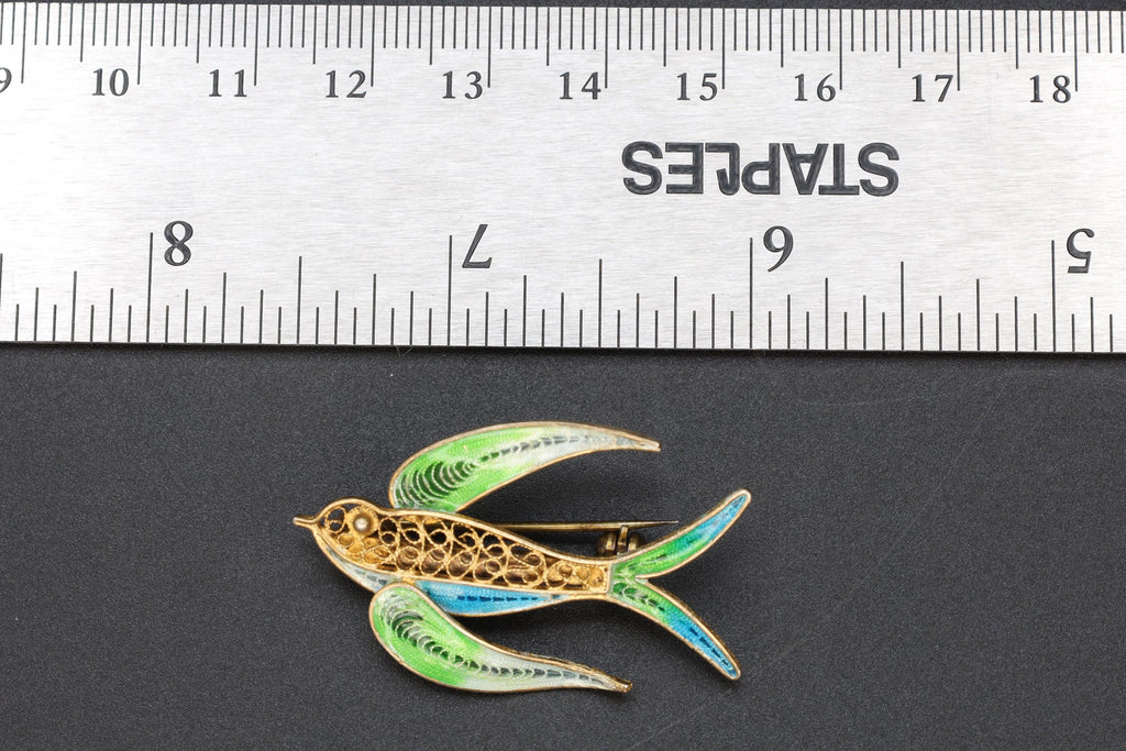 Swallow Bird Brooch, 1940s Italy Genova 78 Bragagnolo Manlio, Signed Hallmarks Italian Jewelry, 800 Silver Plique au Jour Enamel Filigree