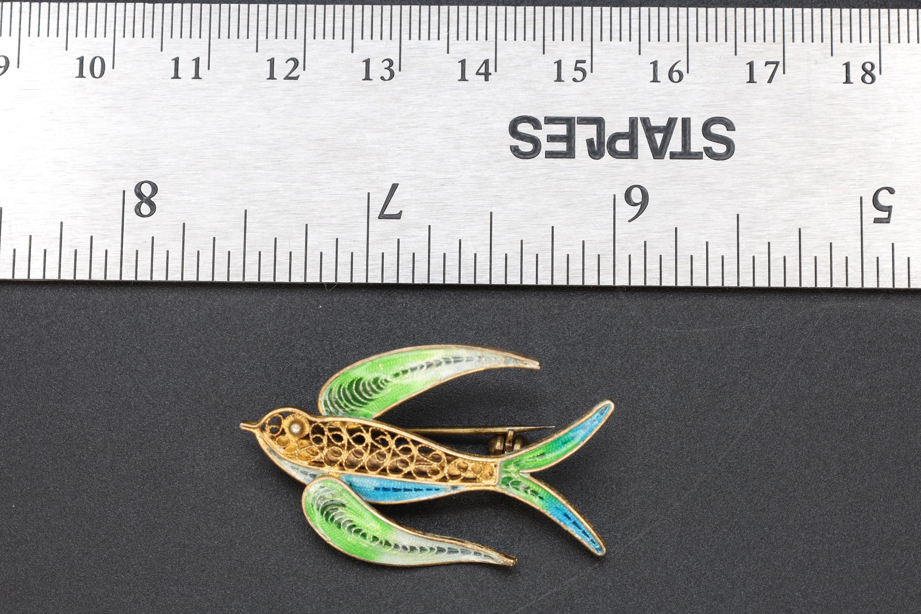 Swallow Bird Brooch, 1940s Italy Genova 78 Bragagnolo Manlio, Signed Hallmarks Italian Jewelry, 800 Silver Plique au Jour Enamel Filigree