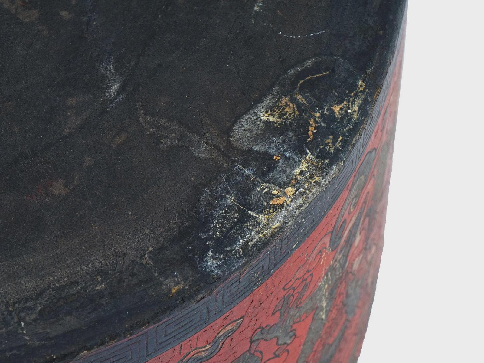 Antique Chinese Red Lacquer Lidded Hat Box, Large Size, Late Qing Dynasty 1890s Storage Case With Lid On Top, Dry Food Nuts Container