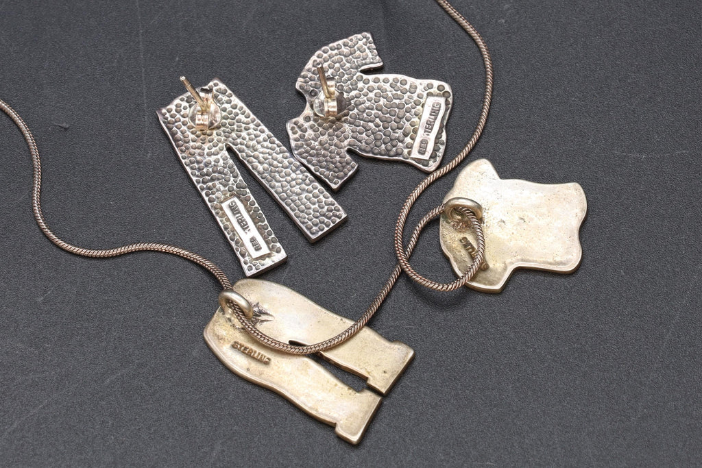 Shirt And Pants, Figural Jewelry Designs With 2 Two Pendants In A Cable Chain And Large Stud Earrings, 925 Sterling Silver