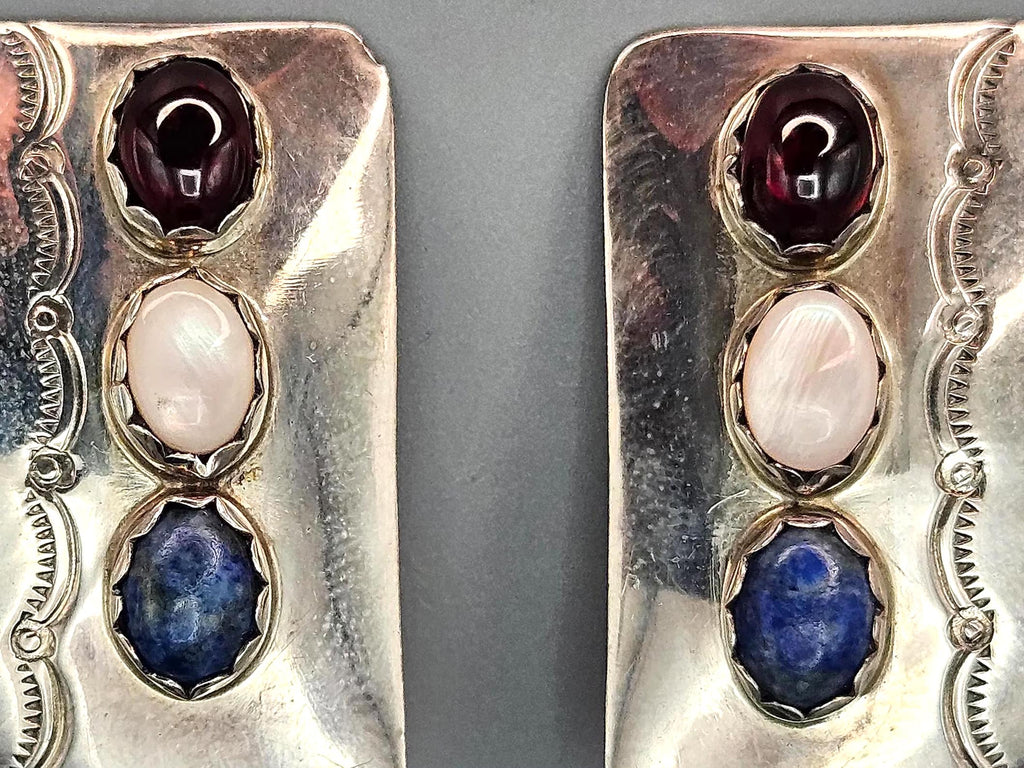Vintage Navajo Stud Earrings With Stones, Native American Jewelry Art Signed By A Master Silversmith Boyd Chee. Dated Circa 1980s
